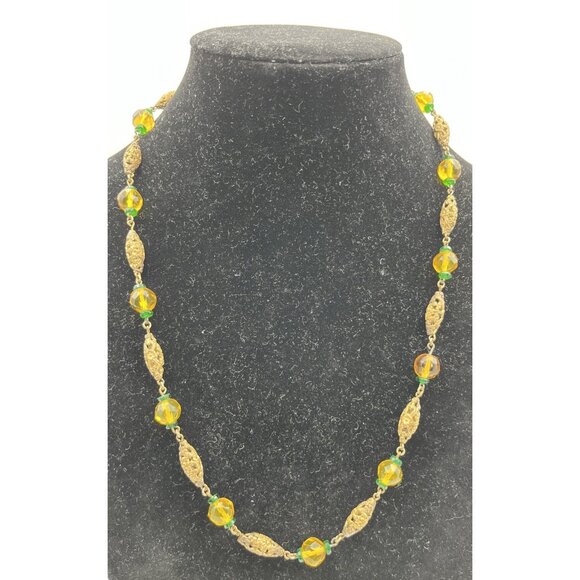 Vintage Glass Bead Filigree 24”Necklace Push Clasp Yellow Green Gold Tone - Picture 1 of 5